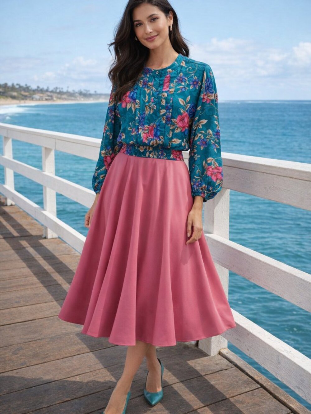 NWT‎ Alfred Dunner Women Floral Pleated Smocked Waist Lagun Long Sleeve Top 20